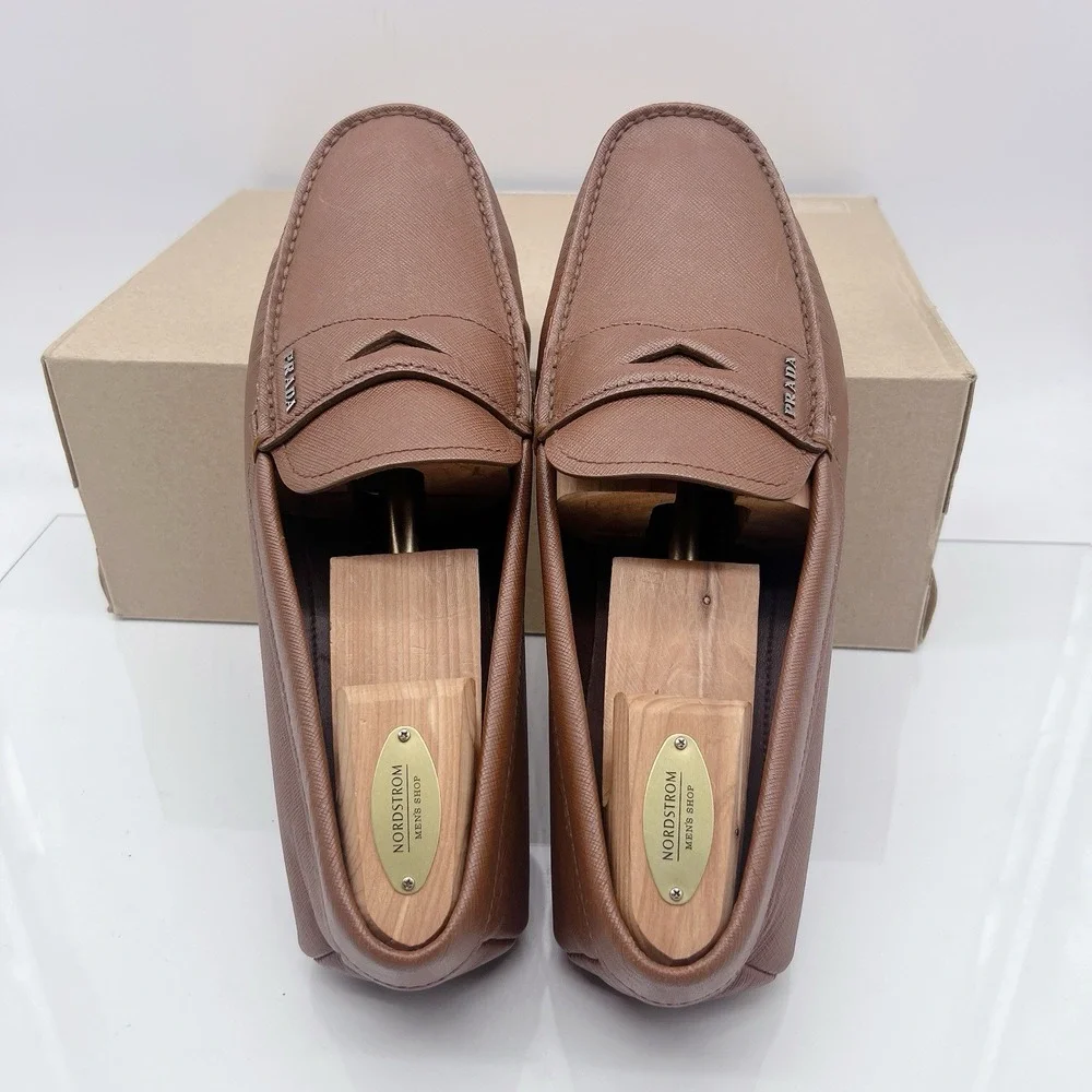 PRADA Saffiano Men's Driver Loafer Logo Ostrich BrownLeather 2DD151 EU 41 US 8